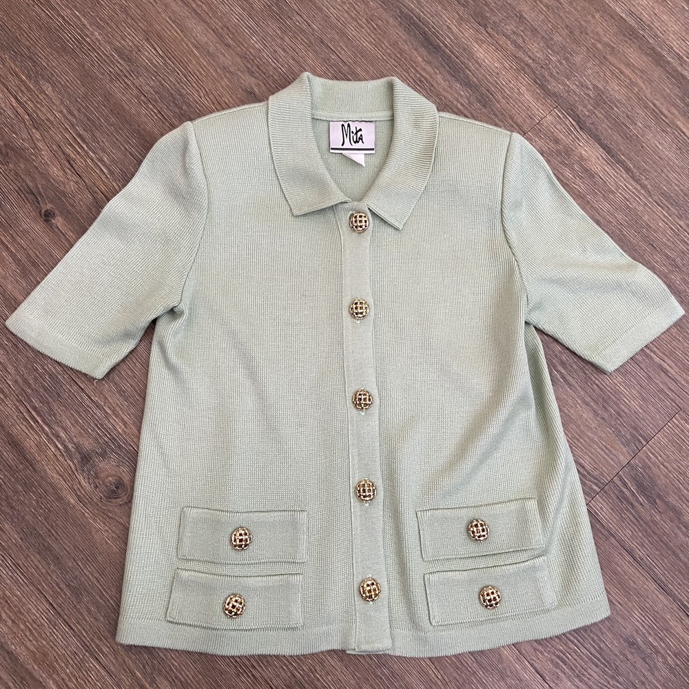 1980s Vintage MITA‎ Green Gold Buttons Knit Sweater Size 2 Petite